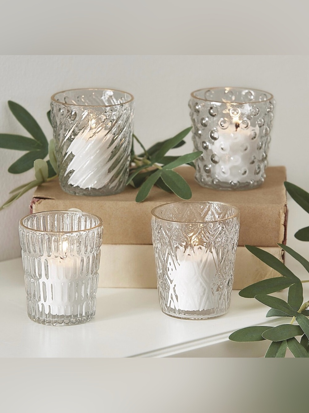 NIB 4 Elodie Votives. Textured and each different. 3” hand blown
